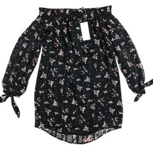 WAYF Elegant Black Floral Print Off The Shoulder sheer lined Chiffon mini Dress